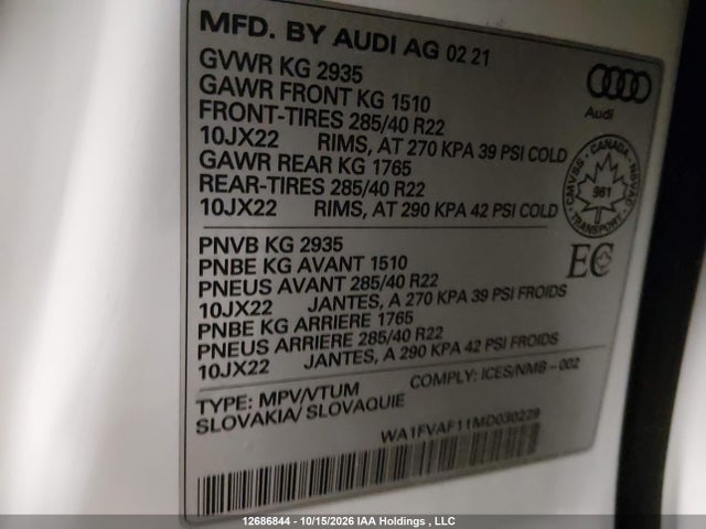 12686844 :رقم المزاد ، WA1FVAF11MD030229 vin ، 2021 Audi Q8 Prestige S-line مزاد بيع