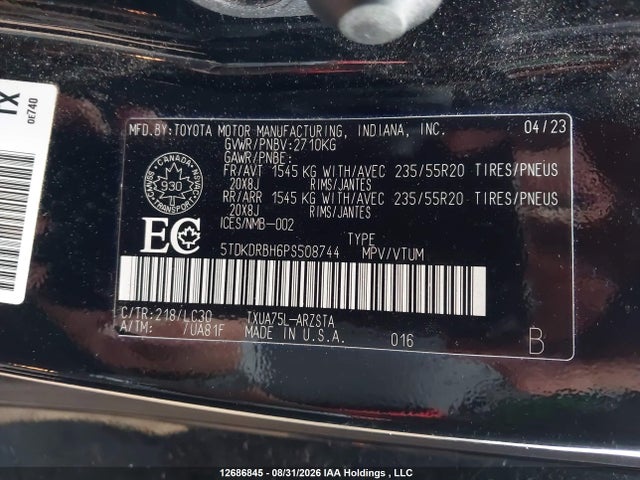 Aukcja sprzedaży 2023 Toyota Highlander L/le/xle/limited/platinum/xse, vin: 5TDKDRBH6PS508744, numer aukcji: 12686845
