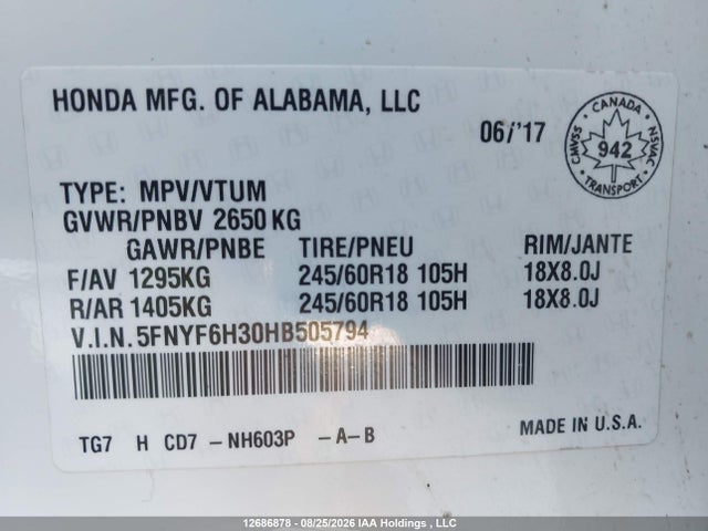 5FNYF6H30HB505794 Honda Pilot Ex
