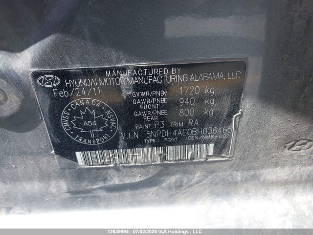 12639994 :رقم المزاد ، 5NPDH4AE0BH036465 vin ، 2011 Hyundai Elantra Gls مزاد بيع