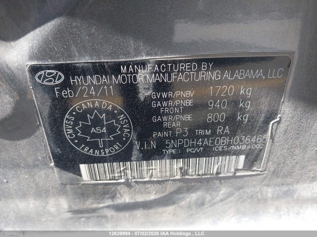 12639994 :رقم المزاد ، 5NPDH4AE0BH036465 vin ، 2011 Hyundai Elantra Gls مزاد بيع