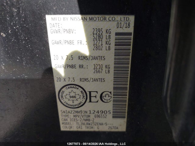 5N1AZ2MH9JN124905 Nissan Murano Midnight Edition/platinum/sl/sv