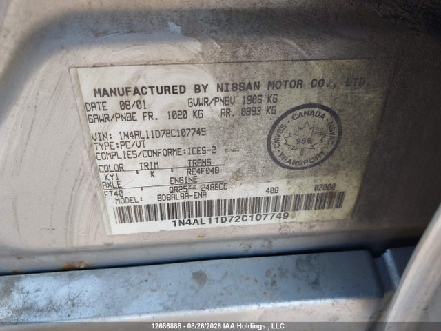 Продаж на аукціоні авто 2002 Nissan Altima, vin: 1N4AL11D72C107749, номер лоту: 12686888