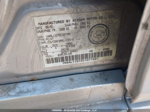 Продаж на аукціоні авто 2002 Nissan Altima, vin: 1N4AL11D72C107749, номер лоту: 12686888
