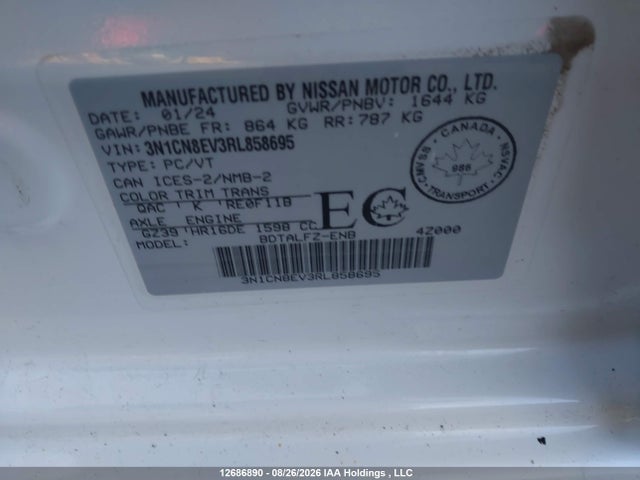 12686890 :رقم المزاد ، 3N1CN8EV3RL858695 vin ، 2024 Nissan Versa Sv مزاد بيع