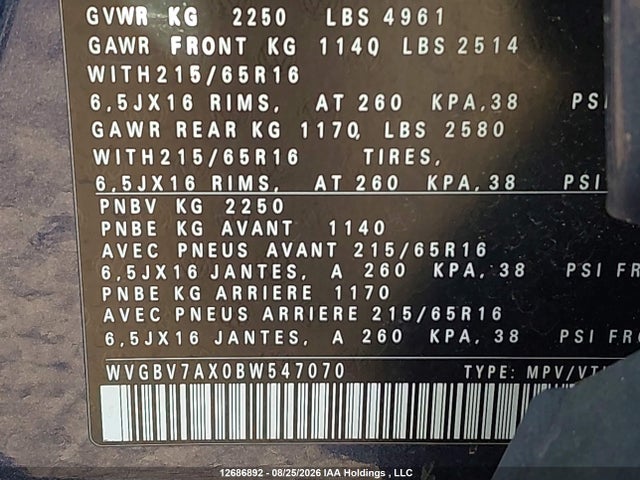 Продажа на аукционе авто 2011 Volkswagen Tiguan S/se/sel, vin: WVGBV7AX0BW547070, номер лота: 12686892