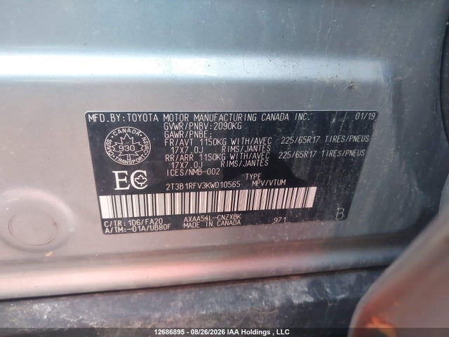 12686895 :رقم المزاد ، 2T3B1RFV3KW010565 vin ، 2019 Toyota Rav4 Le مزاد بيع