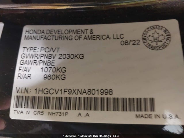 2022 Honda Accord Touring მანქანა იყიდება აუქციონზე, vin: 1HGCV1F9XNA801998, აუქციონის ნომერი: 12686903