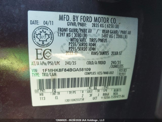 Продажа на аукционе авто 2011 Ford Explorer Limited, vin: 1FMHK8F84BGA58109, номер лота: 12686925