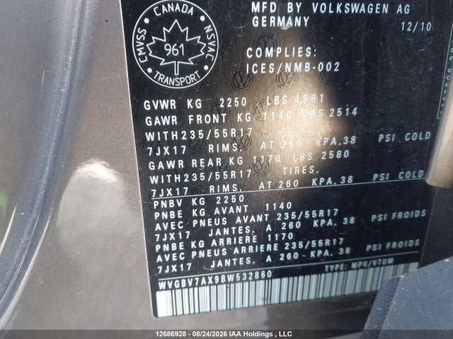 Продажа на аукционе авто 2011 Volkswagen Tiguan S/se/sel, vin: WVGBV7AX9BW532860, номер лота: 12686928
