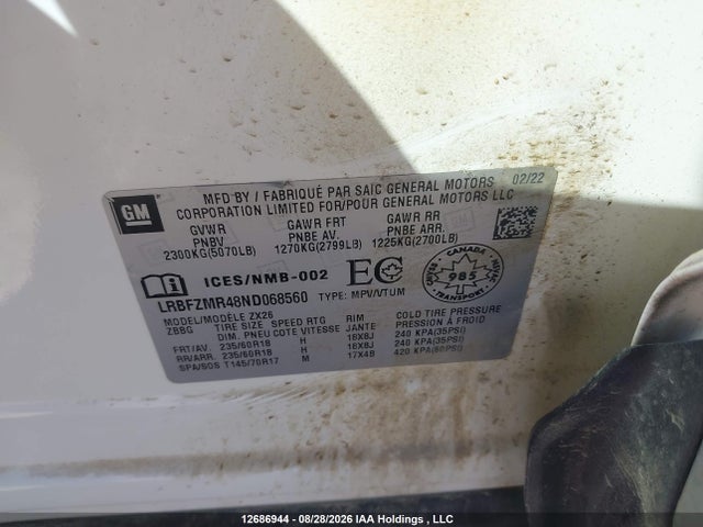 Aukcja sprzedaży 2022 Buick Envision, vin: LRBFZMR48ND068560, numer aukcji: 12686944
