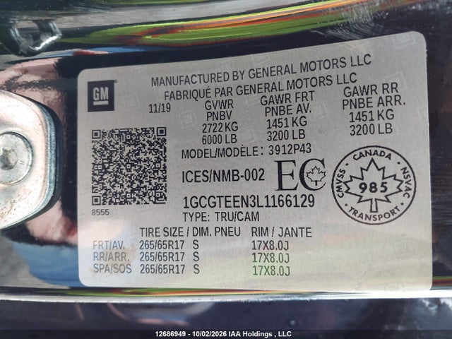 2020 Chevrolet Colorado მანქანა იყიდება აუქციონზე, vin: 1GCGTEEN3L1166129, აუქციონის ნომერი: 12686949