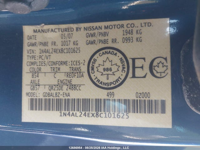 Продаж на аукціоні авто 2008 Nissan Altima 2.5s, vin: 1N4AL24EX8C101625, номер лоту: 12686954