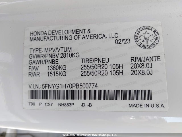 2023 Honda Pilot Touring მანქანა იყიდება აუქციონზე, vin: 5FNYG1H70PB500774, აუქციონის ნომერი: 12686956