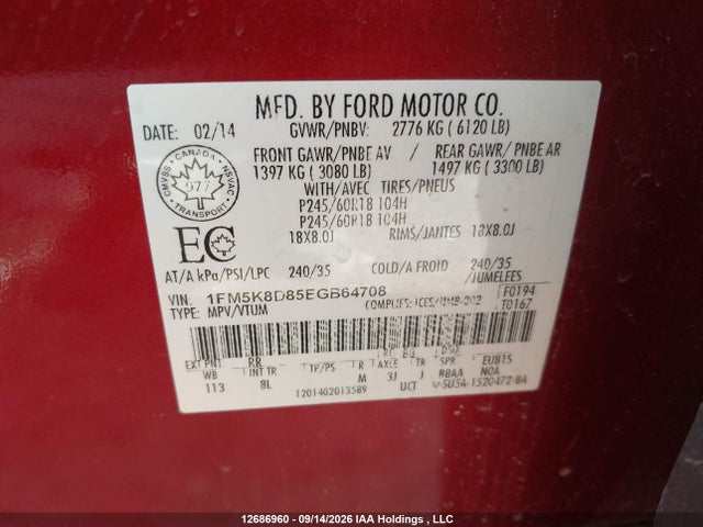 Ford EXPLORER XLT 2014 1FM5K8D85EGB64708 Image 9