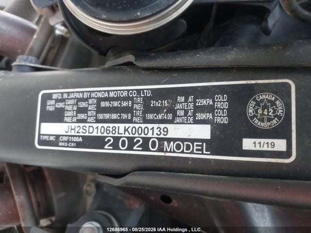 JH2SD1068LK000139 Honda Crf1100 A