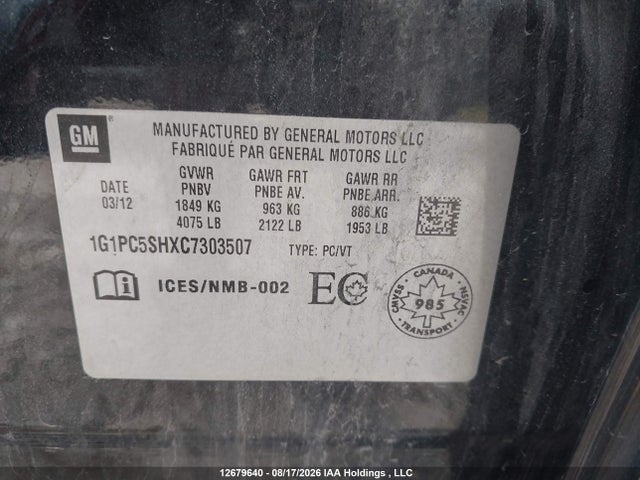 2012 Chevrolet Cruze Ls მანქანა იყიდება აუქციონზე, vin: 1G1PC5SHXC7303507, აუქციონის ნომერი: 12679640