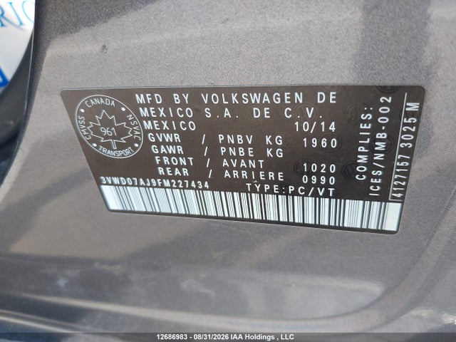 Продажа на аукционе авто 2015 Volkswagen Jetta 1.8 Tsi Comfortline/1.8 Tsi Trendline+, vin: 3VWD07AJ9FM227434, номер лота: 12686983