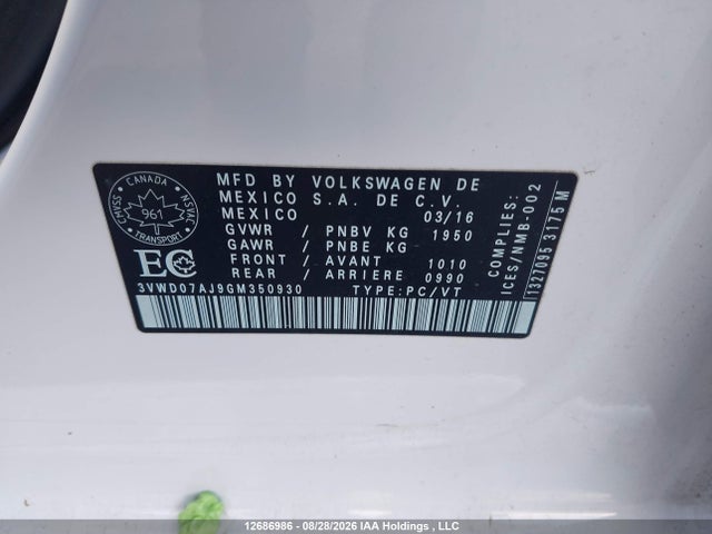 Продаж на аукціоні авто 2016 Volkswagen Jetta Comfortline, vin: 3VWD07AJ9GM350930, номер лоту: 12686986