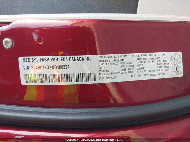Aukcja sprzedaży 2022 Chrysler Grand Caravan Sxt, vin: 2C4RC1ZGXNR108224, numer aukcji: 12686987