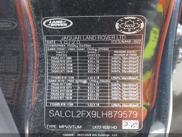 2020 Land Rover Discovery Sport R-dynamic Se მანქანა იყიდება აუქციონზე, vin: SALCL2FX9LH879579, აუქციონის ნომერი: 12686991
