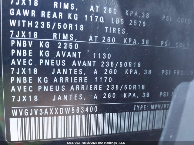12687003 :رقم المزاد ، WVGJV3AXXDW563400 vin ، 2013 Volkswagen Tiguan S/se/sel مزاد بيع