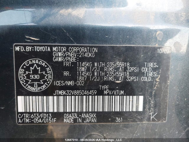 Продажа на аукционе авто 2008 Toyota Rav4 Sport V6, vin: JTMBK32V885046459, номер лота: 12687010