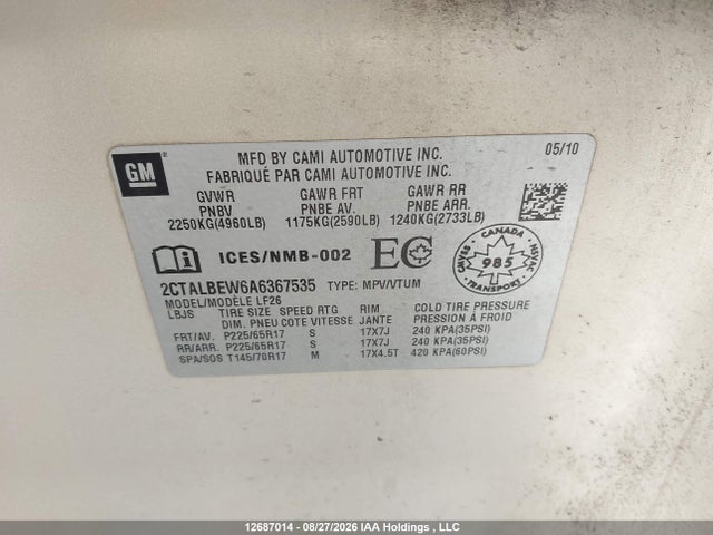 Aukcja sprzedaży 2010 Gmc Terrain Sle-1, vin: 2CTALBEW6A6367535, numer aukcji: 12687014