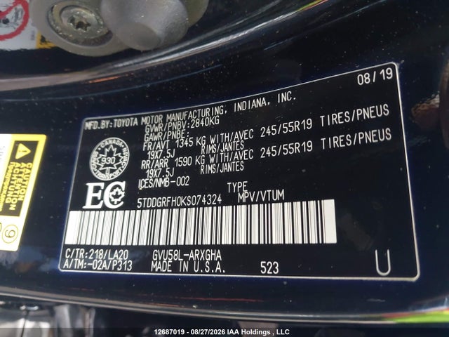 Auction sale of the 2019 Toyota Highlander Hybrid Hybrid, vin: 5TDDGRFH0KS074324, lot number: 12687019