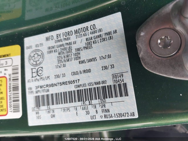 12687020 :رقم المزاد ، 3FMCR9BN7SRE50517 vin ، 2025 Ford Bronco Sport Big Bend مزاد بيع