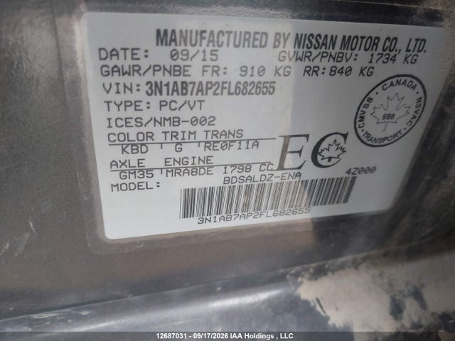 Aukcja sprzedaży 2015 Nissan Sentra 1.8 S/1.8 Sl/1.8 Sr/1.8 Sv, vin: 3N1AB7AP2FL682655, numer aukcji: 12687031