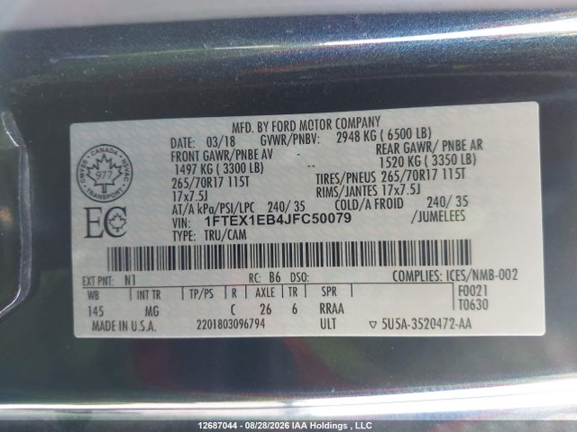 Продаж на аукціоні авто 2018 Ford F150 Super Cab, vin: 1FTEX1EB4JFC50079, номер лоту: 12687044