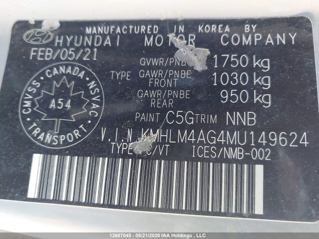 Продаж на аукціоні авто 2021 Hyundai Elantra Sel, vin: KMHLM4AG4MU149624, номер лоту: 12687045
