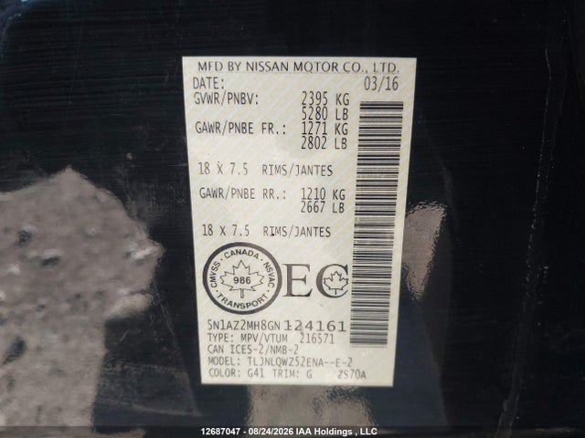 5N1AZ2MH8GN124161 Nissan Murano S/sl/sv/platinum