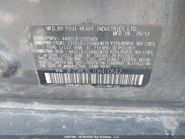 12687056 :رقم المزاد ، JF2SHCBC7DH400642 vin ، 2013 Subaru Forester 2.5x مزاد بيع