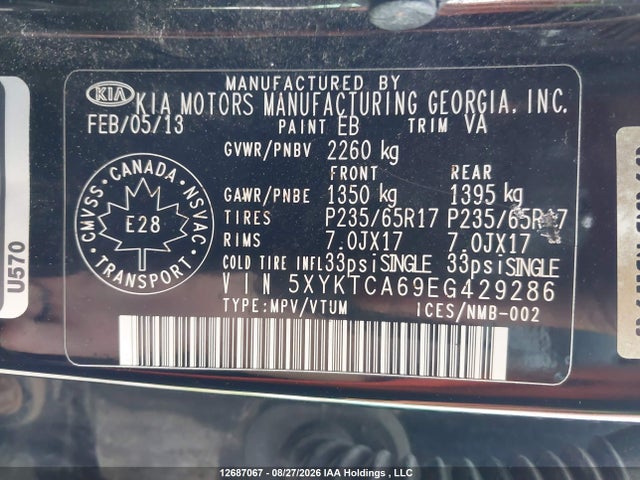 12687067 :رقم المزاد ، 5XYKTCA69EG429286 vin ، 2014 Kia Sorento مزاد بيع
