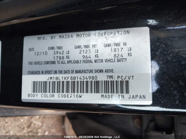 12687072 :رقم المزاد ، JM1BL1KF8B1434980 vin ، 2011 Mazda Mazda3 Gx مزاد بيع