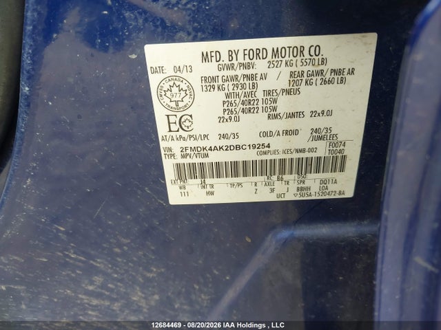 Auction sale of the 2013 Ford Edge Sport, vin: 2FMDK4AK2DBC19254, lot number: 12684469