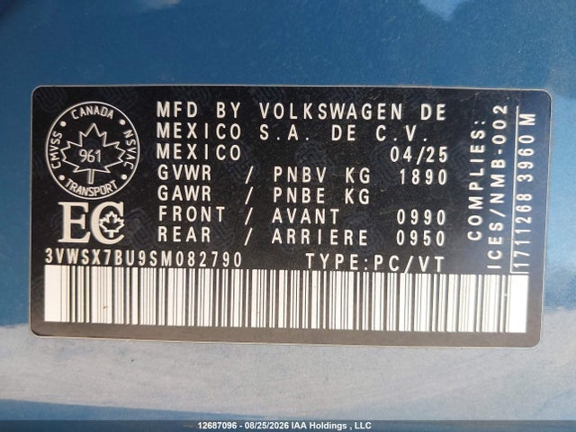 Aukcja sprzedaży 2025 Volkswagen Jetta Comfortline, vin: 3VWSX7BU9SM082790, numer aukcji: 12687096