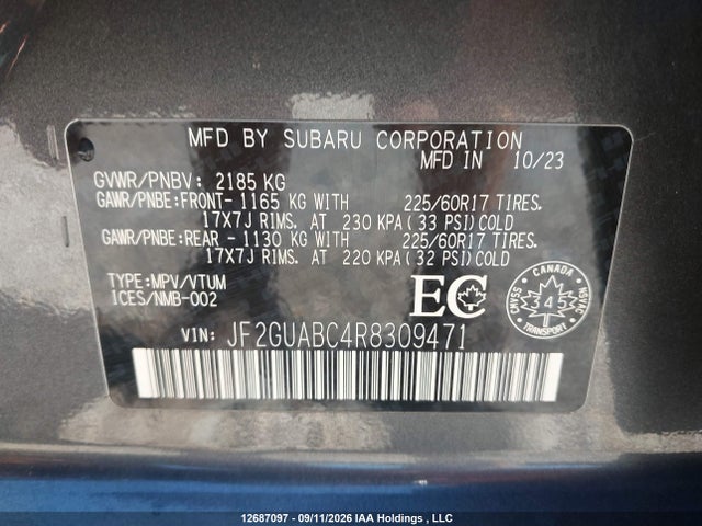 12687097 :رقم المزاد ، JF2GUABC4R8309471 vin ، 2024 Subaru Crosstrek مزاد بيع