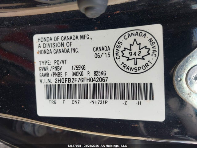 Honda Civic 2015 2HGFB2F76FH042067 Image 9
