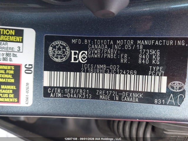 2T1BURHE3JC124269 Toyota Corolla L/le/xle/se/xse