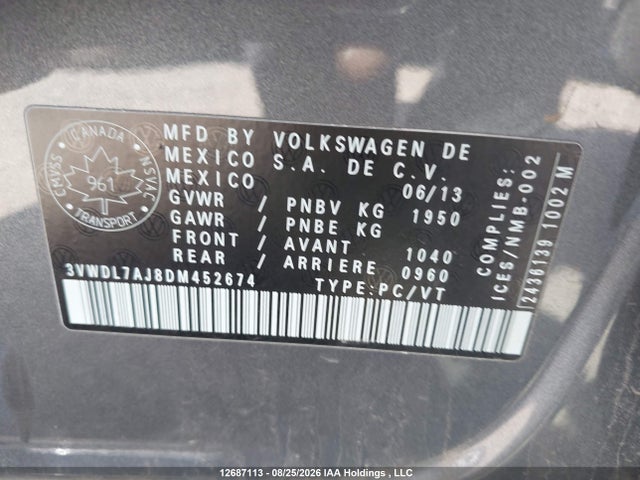 12687113 :رقم المزاد ، 3VWDL7AJ8DM452674 vin ، 2013 Volkswagen Jetta Tdi مزاد بيع