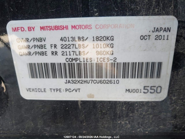 2012 Mitsubishi Lancer Es/es Sport მანქანა იყიდება აუქციონზე, vin: JA32X2HU7CU602610, აუქციონის ნომერი: 12687124