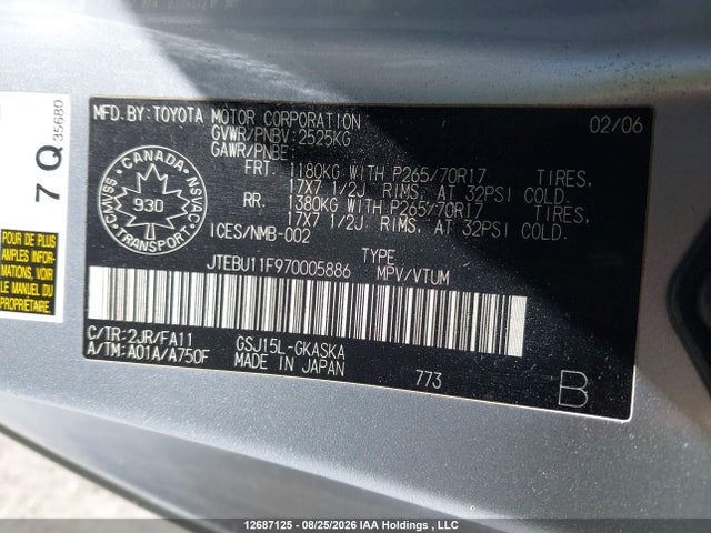 12687125 :رقم المزاد ، JTEBU11F970005886 vin ، 2007 Toyota Fj Cruiser مزاد بيع