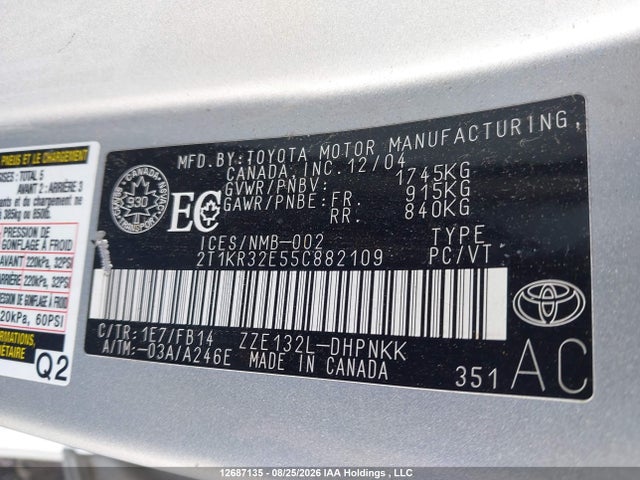 2005 Toyota Matrix Wagon მანქანა იყიდება აუქციონზე, vin: 2T1KR32E55C882109, აუქციონის ნომერი: 12687135