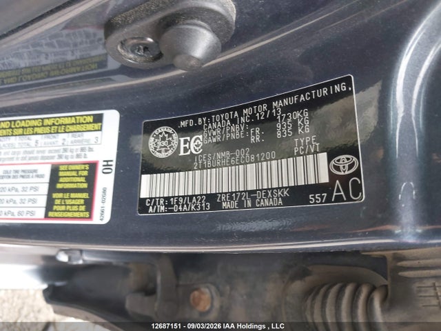 12687151 :رقم المزاد ، 2T1BURHE6EC081200 vin ، 2014 Toyota Corolla S مزاد بيع