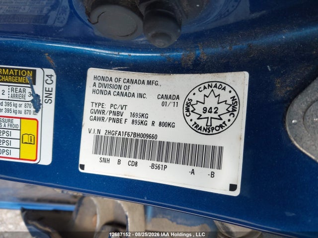 12687152 :رقم المزاد ، 2HGFAIF67BH009660 vin ، 2011 Honda Civic Lx-s مزاد بيع
