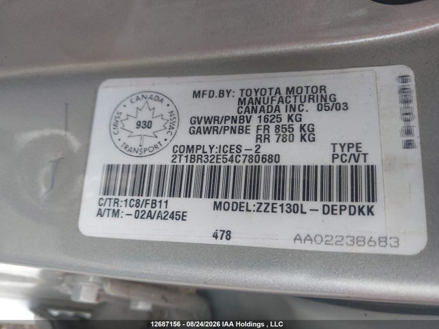 12687156 :رقم المزاد ، 2T1BR32E54C780680 vin ، 2004 Toyota Corolla مزاد بيع