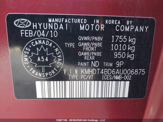Продажа на аукционе авто 2010 Hyundai Elantra Gls, vin: KMHDT4BD6AU006875, номер лота: 12687158
